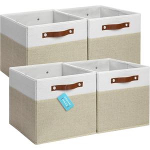OrganiHaus 12x12 Fabric Storage Bins - Set of 4, Cube Fabric Organizer Bins with Vegan Handles, Kallax Storage Cubes, Cubbies Organizer Boxes, 12Inch Cubic Baskets for Shelves - Beige/White