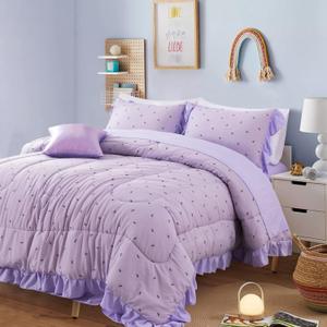A Nice Night Delicate Bows Print On Purple Background Bedding Set,Ruffle 6 Piece Bed in a Bag Matching Sheet Set,Princess Style Chic Bowknot Printed,Twin
