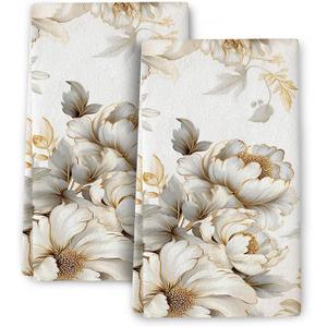 Golden Floral Decorative Kitchen Towels, Dish Towels for Kitchen Decor Set of 2, Soft Absorbent Hand Towels Tea Towels for Kitchen Drying,House Warming Gifts for New House Women