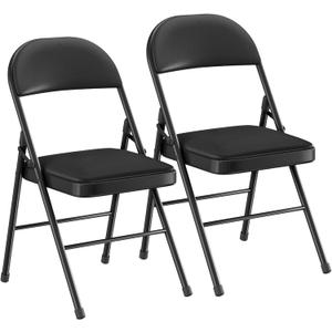 VECELO Folding Chairs Set of 2, Faux Leather Padded, Black, 2 Pack