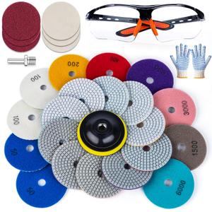 20 Pack 4 Inch Diamond Polishing Pads, Granite Polishing Pads Kit with 5/8''-11 Backer Pad, 50-6000 Grit Wet/Dry Polishing Pads for Marble, Concrete, Quartz, Stone, Tile with Wool Felt Pads