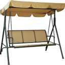 Kozyard Outdoor Patio Swing Chair w/Textilene Breathable 3-Person Armrest Seat, Canopy Porch Swing w/Adjustable Shading, Heavy-Duty Powder-Coated Swing Sets for Backyard, Poolside, Balcony (Beige)