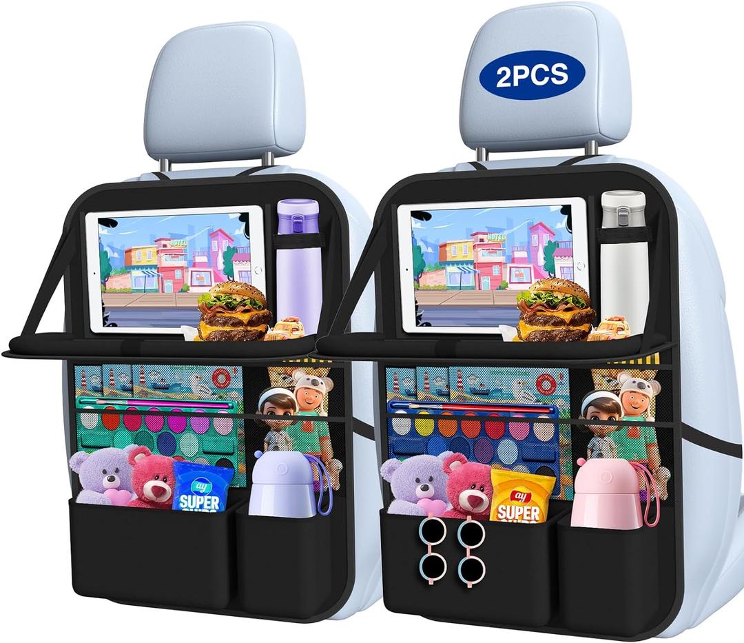 Car Backseat Organizer with Table Tray((2-Pack)) 9 Storage Pockets Backseat Car Organizer and storage with Tablet Holder, Kick Mats Back Seat Cover for Kids family Road Trip Essentials Travel (2 Pack with Food Tray, Black)