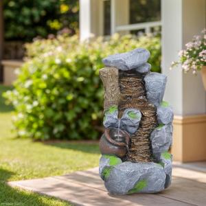Outdoor Water Fountain with LED Lights Modern Curved Faux Stone Waterfall Indoor or Outdoor Garden Backyard Patio Decor