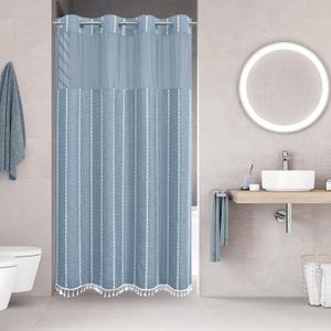 No Hook Stall Shower Curtain with Snap-in Fabric Liner - 54x80 Heavy-Duty Linen Textured Striped Design,Narrow Rustic Modern Farmhouse Bohemian Bathroom Curtain,Water-Repellent,Blue