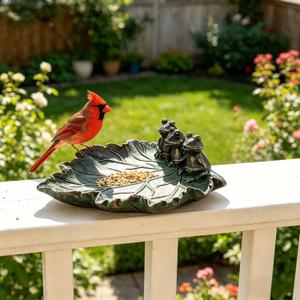Bronze Leaf Bird Bath with Frog Figurines Resin Birdbath Bowl Small Water Dish Birdfeeder Tray Bird Water Feeder for Lovers Gardeners Yard Decorations Outdoor Garden Decor Patio