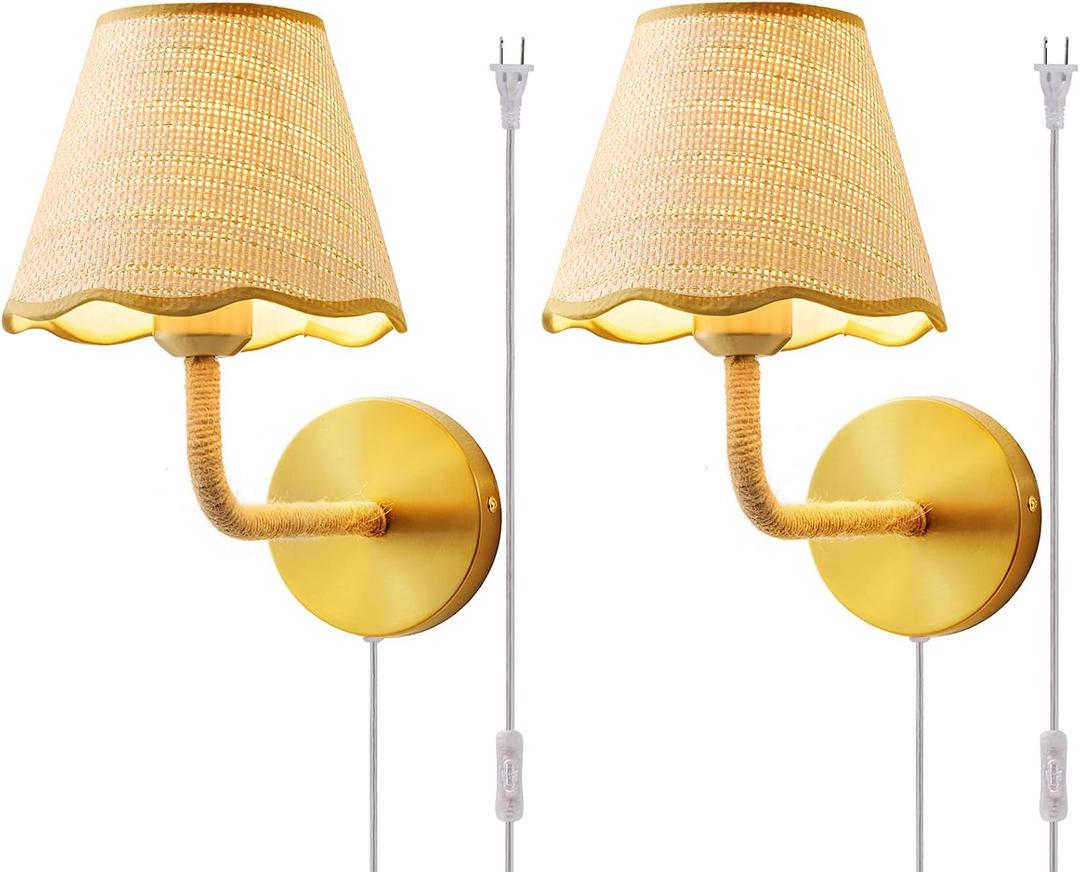 Set of Two Plug in Wall Sconce with 70.8inch Cord and Switch, Hand Woven Ratten Wall Sconces with Grass-Woven Lampshade for Bedroom Living Room Hallway Porch, E26 Base, 2 Pack Plug in