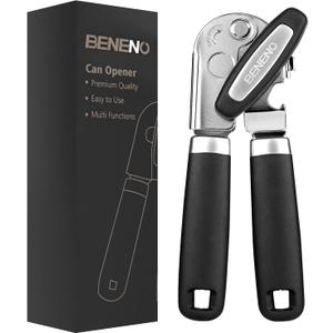 Beneno Heavy Duty Hand Can Opener Manual with Magnet, Durable Sharp Carbon Steel Blade Smooth Cutting, Big Effort-Saving Knob & Soft Grip Handle, Multifunctional Kitchen Tool with Bottle Opener, Black