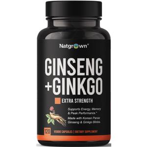 Natgrown Panax Ginseng & Ginkgo Biloba Supplement - Vegan - 120 Count (EXP 08/08/29)