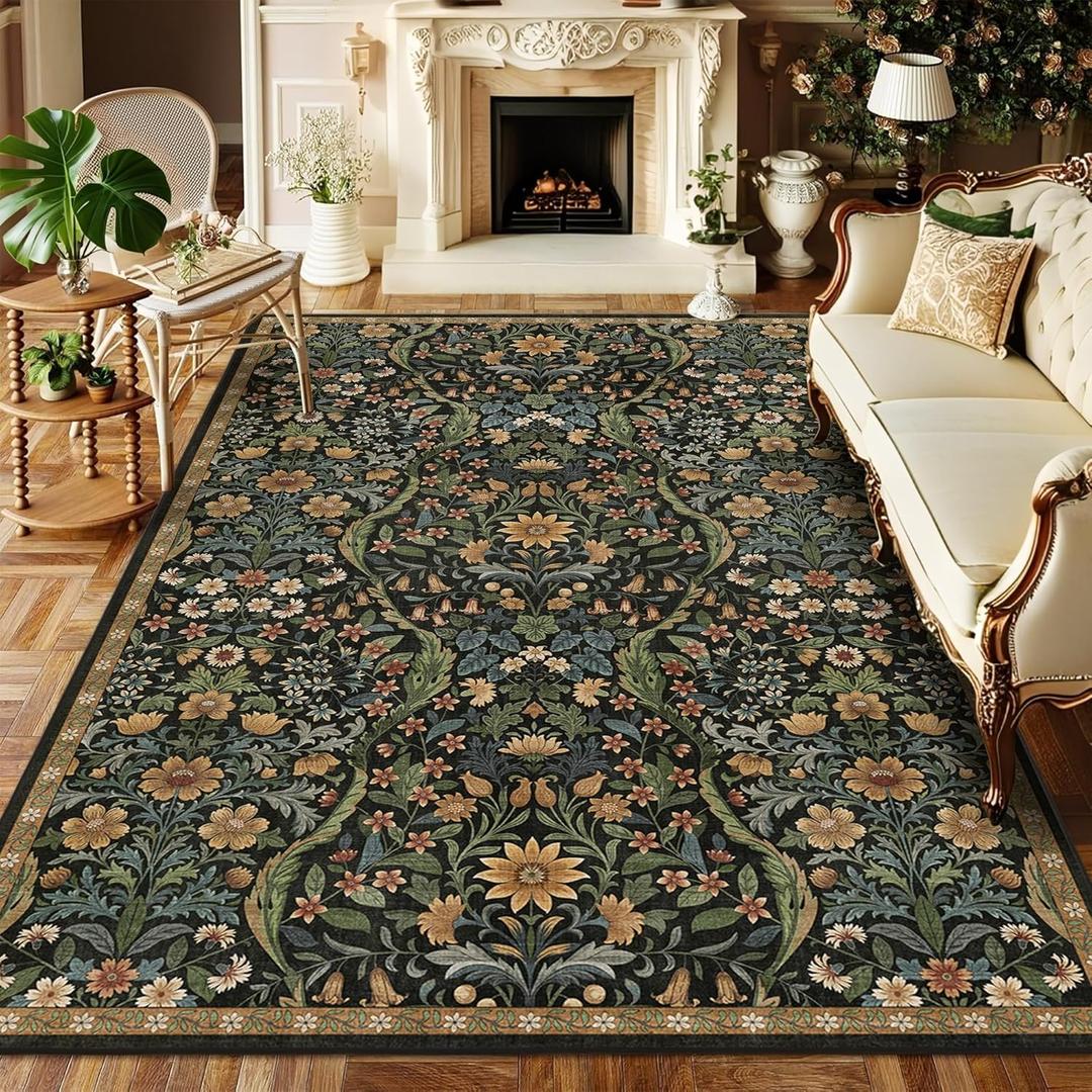 Floral Washable 6x9 Area RugBlack Brown Boho Rugs for Living Room, Soft Low-Pile Non-Slip Stain Resistant & Non-Shedding Carpet for Girls Bedroom,Dining Room,Office,Entryway,Nursery