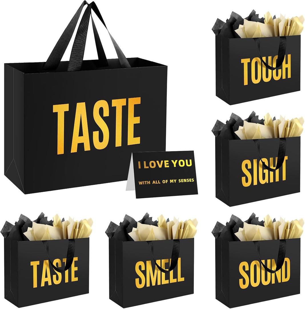 Epoesch 5 Senses Gift Bags for Him With Labels And Tissue Paper,12.6"X8.7"X4" Sight Smell Touch Taste Sound Black Medium Size Gift Bag for Men, Birthday, Anniversary, Wedding, Valentine'S Day