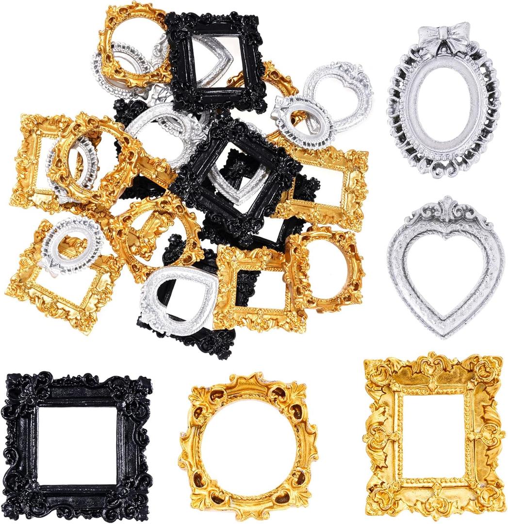 25Pcs Vintage Resin Picture Frame Mini Antique Photo Resin Frame DIY Small Picture Frame Mini Resin Vintage Frame Antique Resin Photo Frame for Jewelry Display Photography Photo Frame Wall Decor (Black, Silver, Gold)