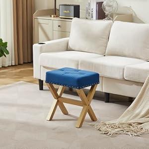 MYMIYEON Small Ottoman Foot Rest Stool for Vanity, Modern Wooden X Legs with Padded Seat, Modern Foot Stool Rest, Desk and Makeup Room, Navy Blue