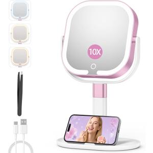 Makeup Mirror with Lights, 1X/10X Magnifying Vanity Mirror with Rechargeable 3 Color Lights, 360 Rotation 2-Sided Height Adjustable Brightness Cosmetic Lighted Magnified Mirror Tweezer