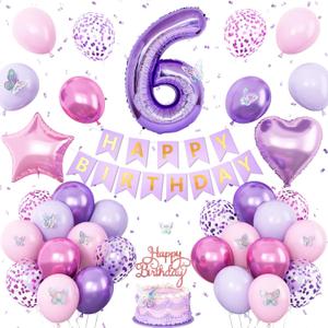 6th Pink Purple Birthday Decorations,Pink Purple 6th Birthday Balloons for Girls Lavender Party Decor Banner Number 6 Balloons Cake Topper Butterfly Party Decorations for 6 Year Old Girls