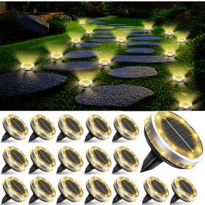 Solar Ground Lights Outdoor 18 Pack Waterproof, Upgraded Solar Garden Lights with 4 Side Light, Stainless Steel Solar Powered Disc Landscape Light for Walkway Lawn Yard Patio Deck-Warm White