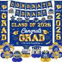 Graduation Decorations 2026 Blue and Gold Graduation Party Decor Set include Congrats Grad Banner Backdrop Class of 2026 Balloons Party Supplies