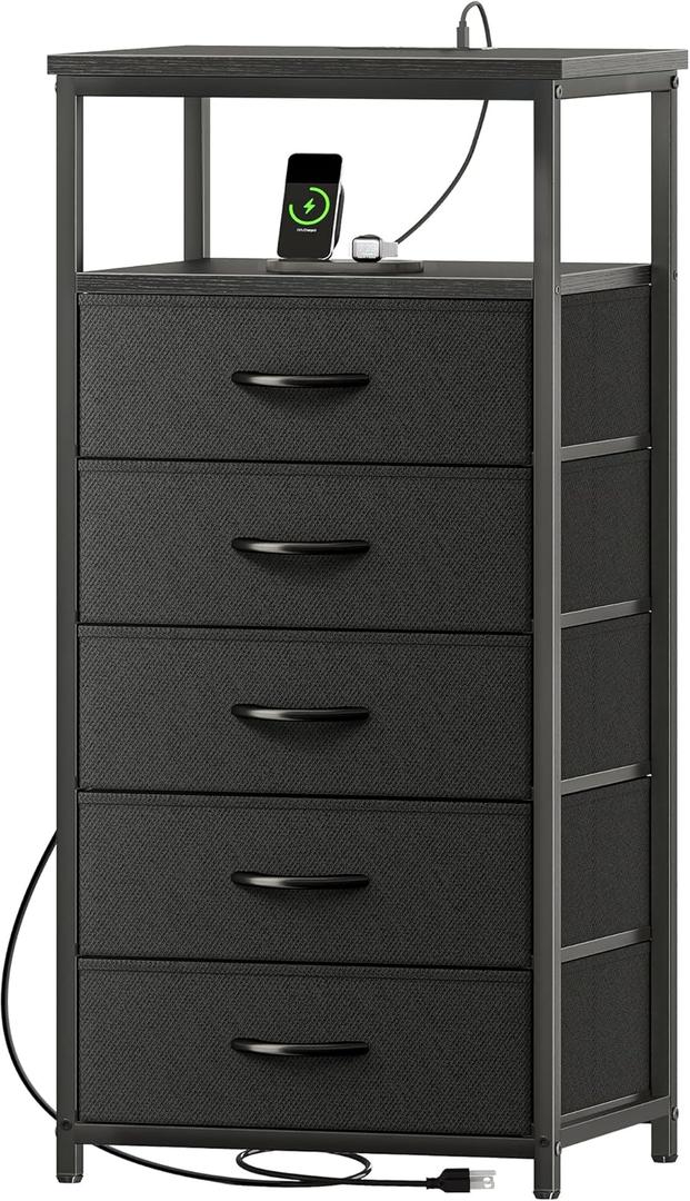 Huuger 5 Drawers Dresser with Charging Station, Dresser for Bedroom, Tall Night Stand, Chest of Drawers with Open Shelf, Bedside Table Nightstand, Fabric Storage Drawers, for Entryway, Black