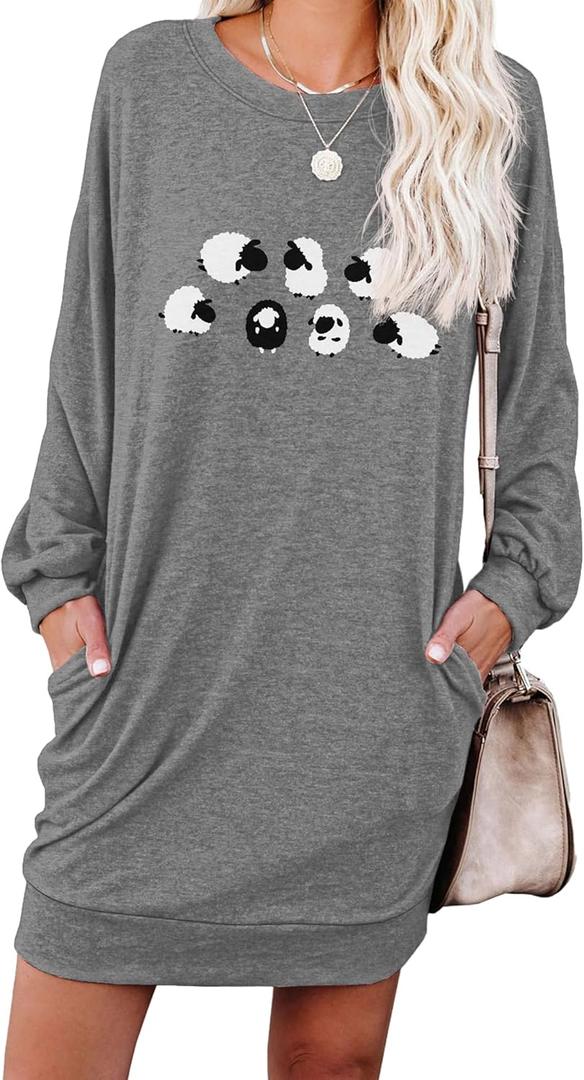 PrinStory Women's Casual Sweater Dresses Fall Winter Crewneck Loose Fit Pullover Tunic Dress with Side Pockets for Work S-4XL (XL)