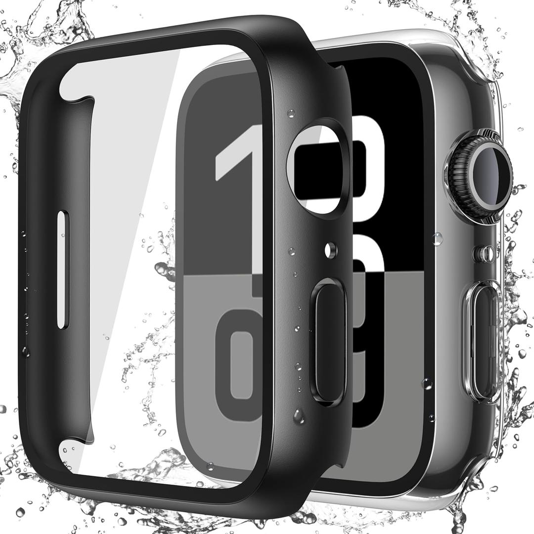 Misxi [2 Pack] Waterproof Hard Case with Tempered Glass Compatible with Apple Watch Series 11 (2025) Series 10 42mm, Overall Protective Cover for iWatch Screen Protector, 1 Black + 1 Transparent