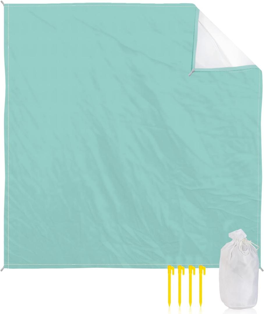 ALAGEO Beach Blanket Solid Teal Color Sandproof Waterproof Beach Mat Light Cyan Sand Free Mat Quick Drying Beach Essentials for Vacation Lightweight with 4 Stakes & Corner Pockets 95"x80"