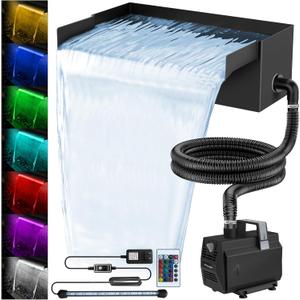 All-in-1 Pond Waterfall Kit with LED Lights, 8 inch Stainless Steel Spillway with 600GPH Water Pump, Outdoor Waterfall Fountain for Water Feature, Garden, Backyard, Pool