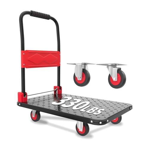 Foldable Push Cart Dolly, 330lbs Flat Bed Carts with Wheels & Anti-Collision Strips, Heavy Duty Platform Truck for Household Tasks, Moving, 360 TPR Mute Wheels for Easy Maneuver, Black Red - Amazon.com