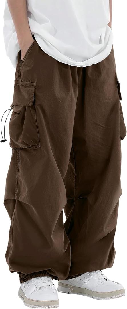 PLEPAN Mens Baggy Cargo Pants Loose Fit Casual Parachute Pants Elastic Waist Drawstring Streetwear Joggers Sweatpants (X-Large, Dark Brown)