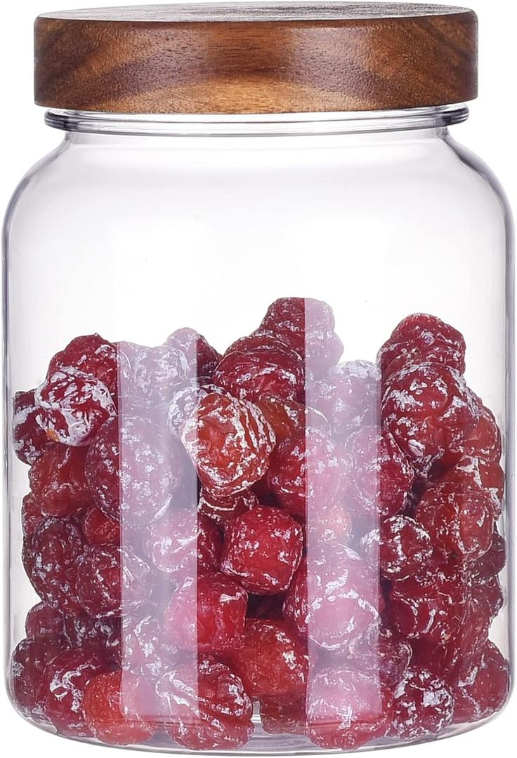 YUEJUM 42 Fluid Ounces Unbreakable & Dishwasher Safe Plastic Apothecary Jar with Wooden Airtight Screw Top Lid, Food Storage Canister for Sugar, Tea, Spices, Coffee, Cookie, Candy Containers