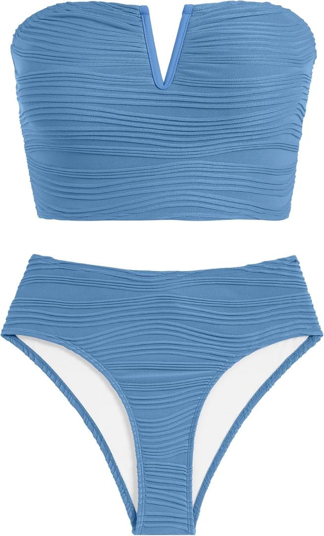 ZAFUL Womens Bandeau Bikini Set Strapless Textured Two Piece Lace up Bathing Suits High Waisted V-Neck Swimsuits (Small, Light Blue)