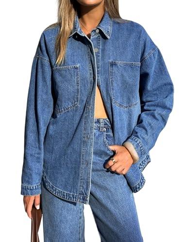 EMMIOL Women Denim Shirts Oversized Long Sleeve Button Down Blouse Distresse Jean Jacket Fall Outfits 2026 Mid Blue, Medium