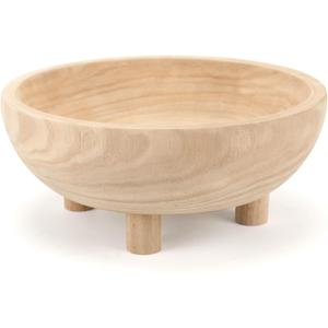 Wooden Decorative Bowl | 11" Large Wood Fruit Bowl for Kitchen Counter | Key Bowl for Entryway Table, Table Centerpieces, Shelf, Coffee Table | Natural Organic Paulownia Wood Bowl with Base | White