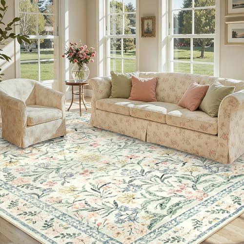 Lahome Boho Rugs for Living Room, Large 8 x 10 Area Rugs for Bedroom Non Slip, Soft Ultra-Thin Distressed Floral Throw Carpet for Office Dining Room, Cream/Multi