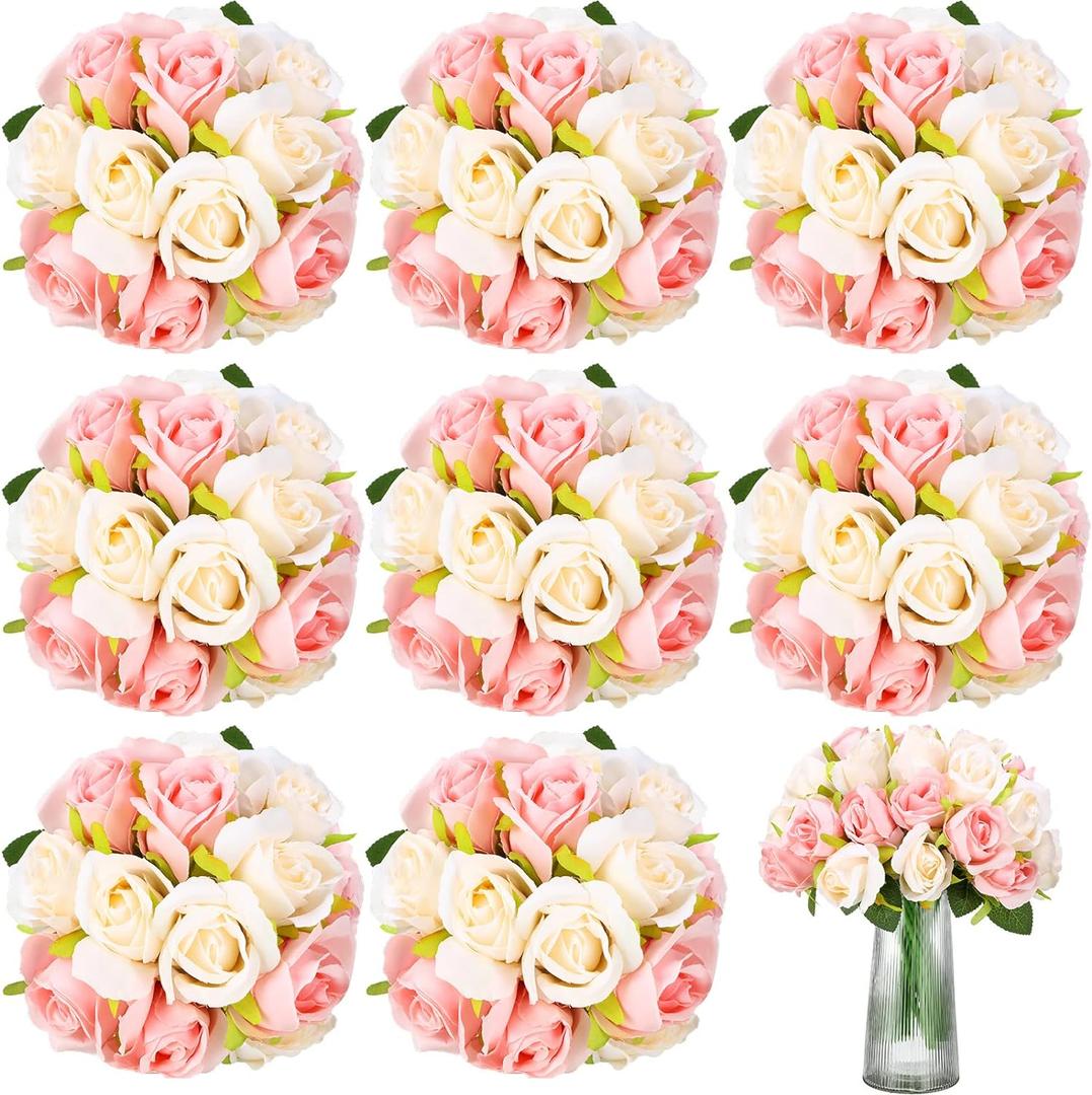 Tigeen 96 Heads 8 Bouquets Artificial Rose Flowers Bouquet Flower Roses with Stems Fake Roses Wedding Floral Arrangements Centerpiece for Home Table Bridal Party Decor, Champagne and Pink