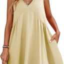 Women's Summer V Neck Sleeveless Mini Dress Casual Loose Pleated Swing Flowy Sundress with Pockets Creamy White (White, Medium)