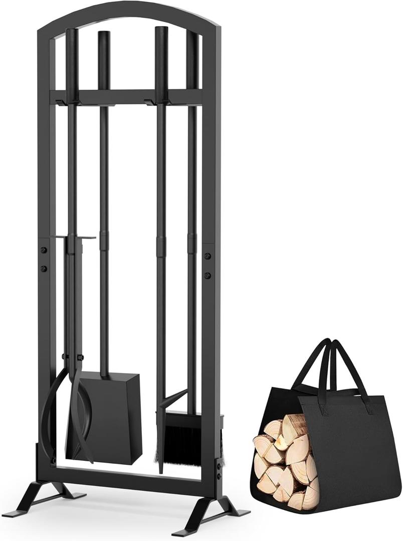 6 Pcs Fireplace Tools Set with Log Carrier, HXJLJY 34" Fireplace Accessories Sturdy Fire Tool Set Holder with Fire Poker Brush Shovel Tong Stand for Indoor Fireplace Outdoor Fire Pit Wood Stove, Arch