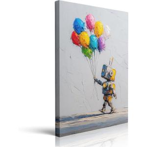 Playful Robot with Colorful Balloons Pop Art Canvas Wall Art Framed Print Painting Whimsical Street Art Wall Decor Artwork Poster Textured Fun for Teen Boy Room Modern Urban Unique Decor 12x16 Inches