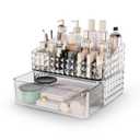 Makeup Organizer for Vanity, Stackable Cosmetics Organizer and Storage, Cosmetic Display Cases with 1 Drawers and 1 Tray for Makeup Brush, Hair Accessories, Lipstick and Jewelry, Clear