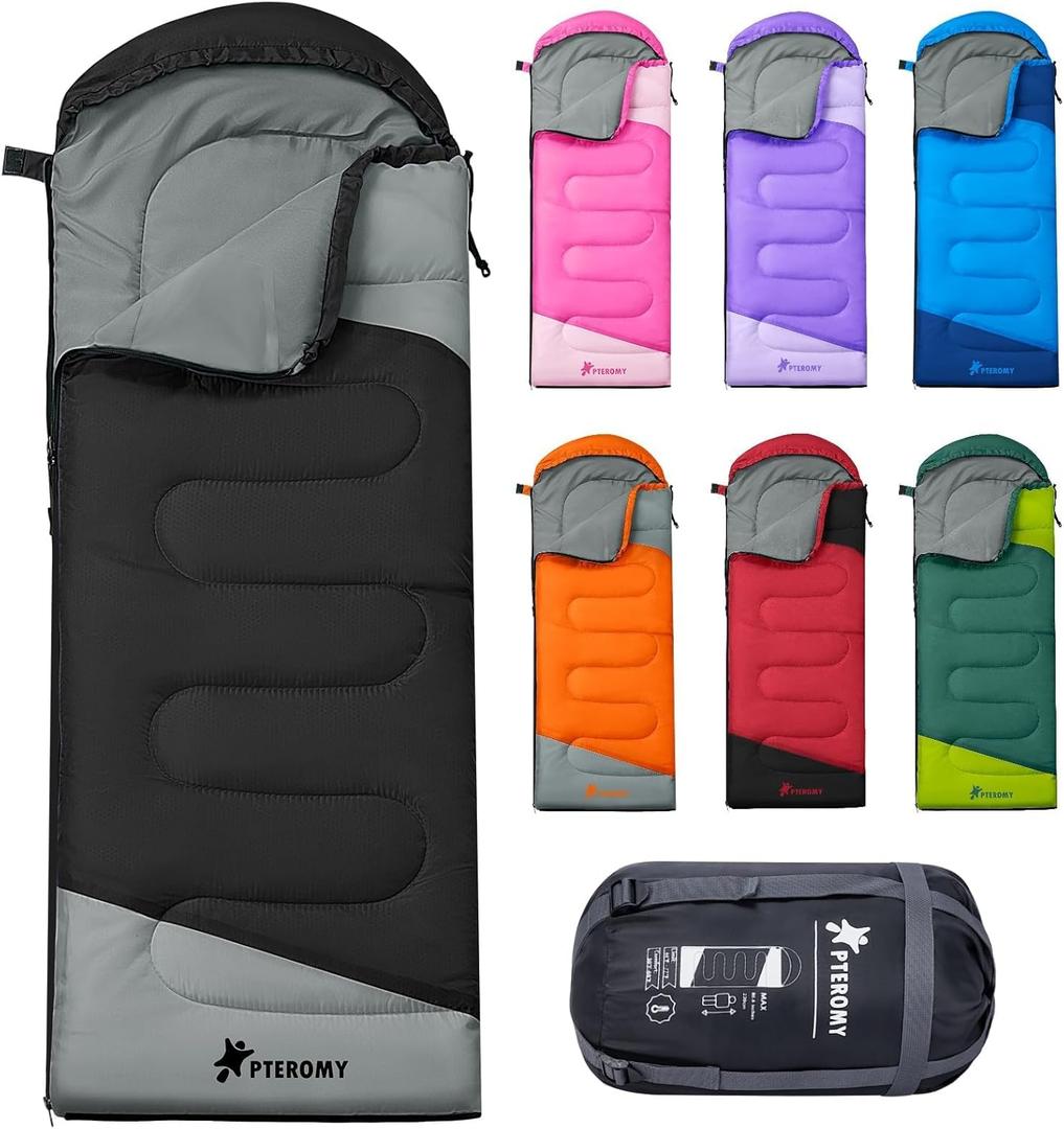 PTEROMY Sleeping Bags for Adults, Lightweight Water Resistant Backpacking Camping Sleeping Bag for Warm Cold Weather, Camping Essentials for Hiking Outdoor Travel (Black)