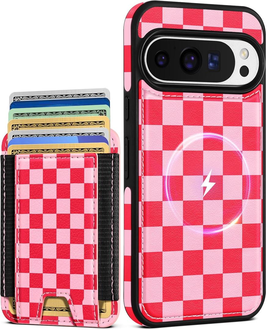 Shorogyt for Google Pixel 9/9Pro Cute Kawaii Leather Phone Case - Compatible with Magsafe Wallet Magnetic Credit Card Holder Fashion Grid Design Phone Cover for Women Girls, Fits 7 Cards