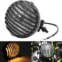 5.5 Inch Universal Motorcycle Headlight Retro Grill Single Round 12V 55W Halogen Headlamp Bulb for Honda Suzuki Chopper Bobber (Black)