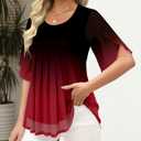 onlypuff Womens Double Layered Tunic Tops Half Sleeve Floral Double Layered Sheer Flowy Blouse Round/V Neck Casual Shirts (L)