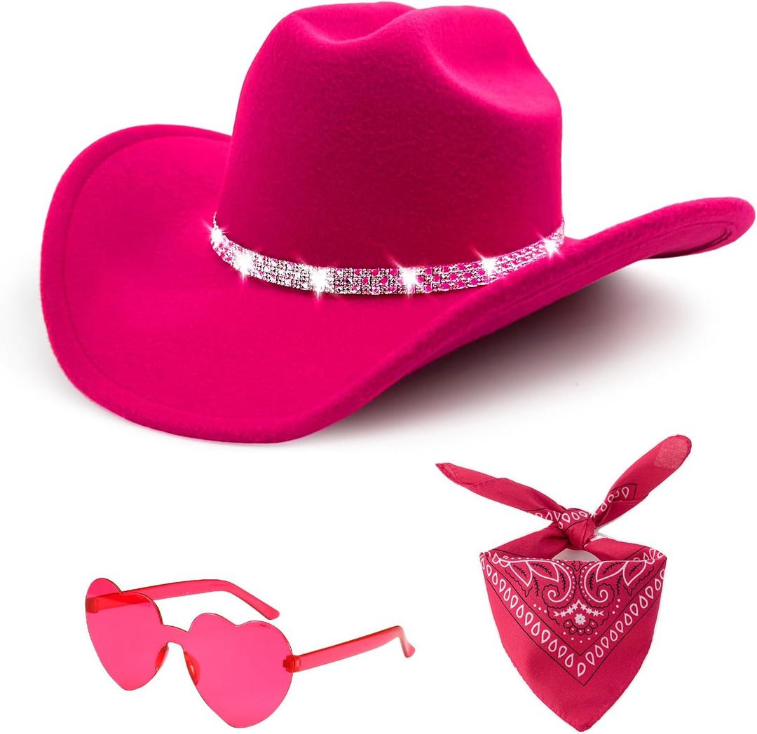 3Pcs Rhinestone Cowboy Hat for Women with Bandana, Heart Sunglasses set, Wide Brim Cowgirl Hat for Western Disco Party (Medium, Hot Pink)