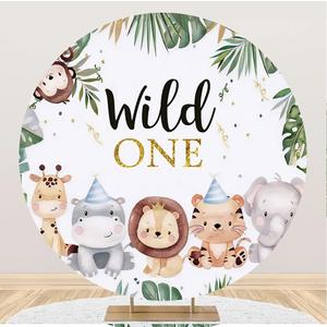 Wild One Round Backdrop Cover 7.2 ft, Wild Animal Jungle Circle Backdrop Stand Cover Safari Animal Round Tropical Backdrop Photography for Birthday Party Baby Shower Polyester Fabric