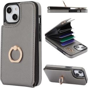 Folosu Compatible with iPhone 14 Case Wallet with Card Holder, 360Rotation Finger Ring Holder Kickstand, RFID Blocking Leather Protective Double Buttons Shockproof Cover 6.1 Inch Gray