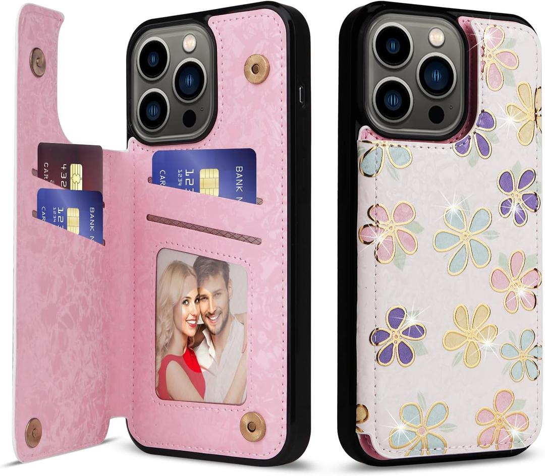UEEBAI Wallet Case for iPhone 13 Pro with Card Holders, PU Leather Floral Cover Kickstand RFID Blocking Double Magnetic Clasp Rilievo Flower Flip Case for Women Girls - White Daisy