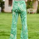 WDIRARA Girl's Printed High Waist Flare Leg Ribbed Knit Elastic Waist Casual Long Pants Green 9Y