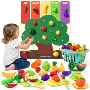 Play Food Set with Cutting Fruits&Felt Tree Mat, Pretend Food Play Kitchen Accessories, Toy Kitchen Food Playset for Toddlers, Preschool Learning Toys for Kids Ages 3 4 5 6 Boys Girls Gift, Child-size