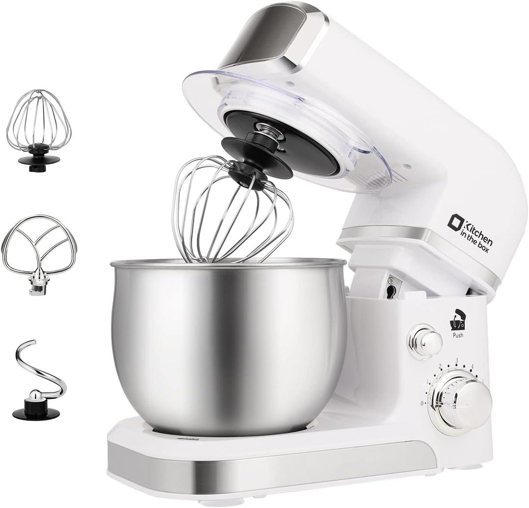 Kitchen in the box Stand Mixer,3.2Qt Mini Electric Food Mixer,6 Speeds Portable Lightweight Kitchen Mixer for Daily Use with Egg Whisk, Dough Hook,Flat Beater (White)