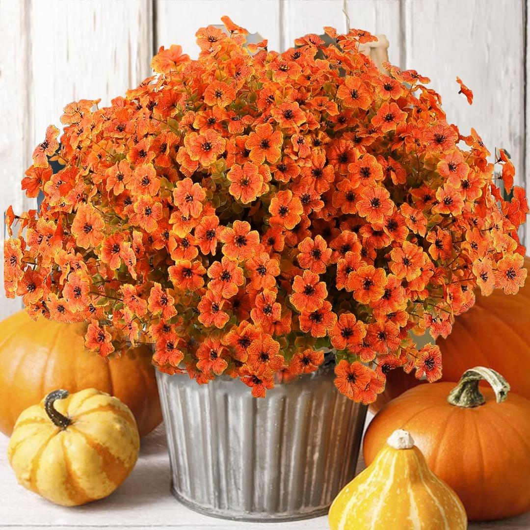 16 Bundles Artificial Mums for Outdoors Garden Home Decoration Fake Mums UV Resistant Fake Mums Silk Faux Flower Plastic Plants for Outside No Fade Fall Decor for Front Porch Pot Decor